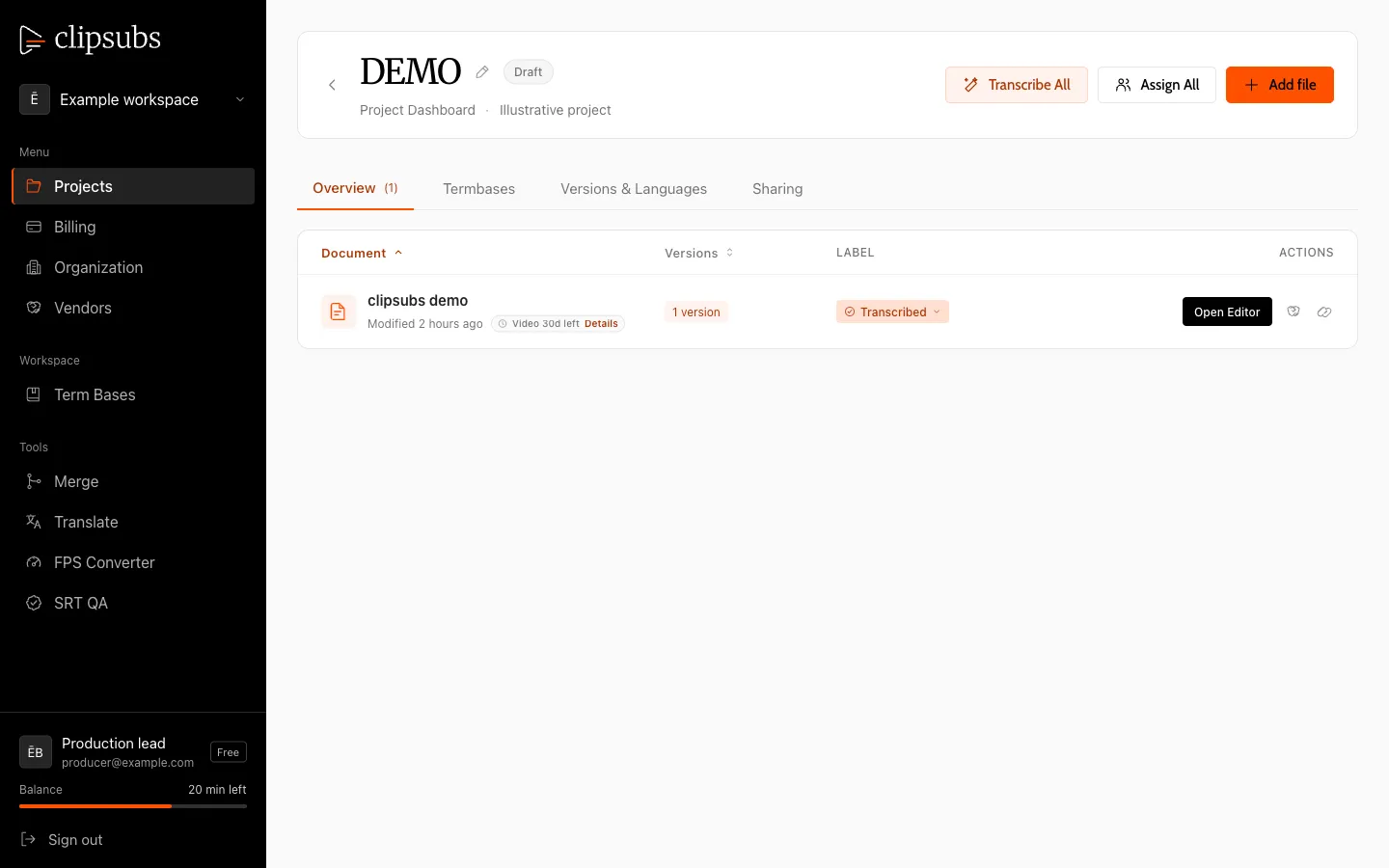 The ClipSubs workspace: a project’s dashboard with languages, versions and assignments