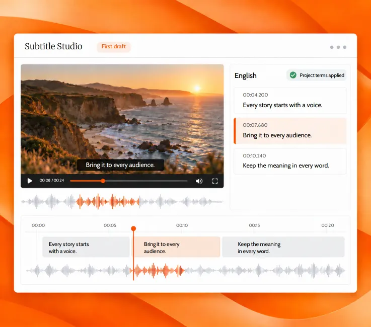 Subtitle Studio: video preview with a subtitle, the English cue list and the timeline with waveform