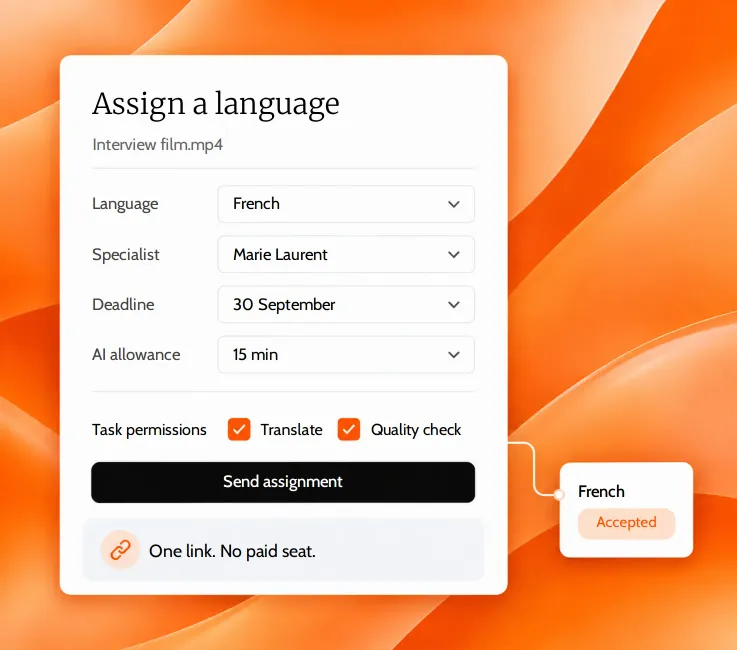 The Assign a language dialog: French, specialist, deadline, AI allowance and task permissions, with the assignment accepted
