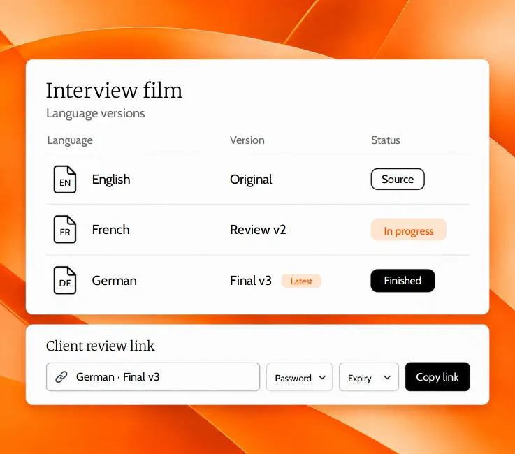 A project’s language versions (English original, French review, German final) and the client review link with password and expiry